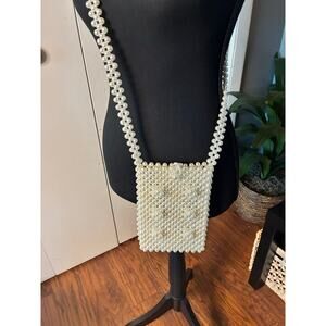 Vintage Faux Pearl Beaded Crossbody Bag – Handmade Style Cream/Ivory Bead Purse